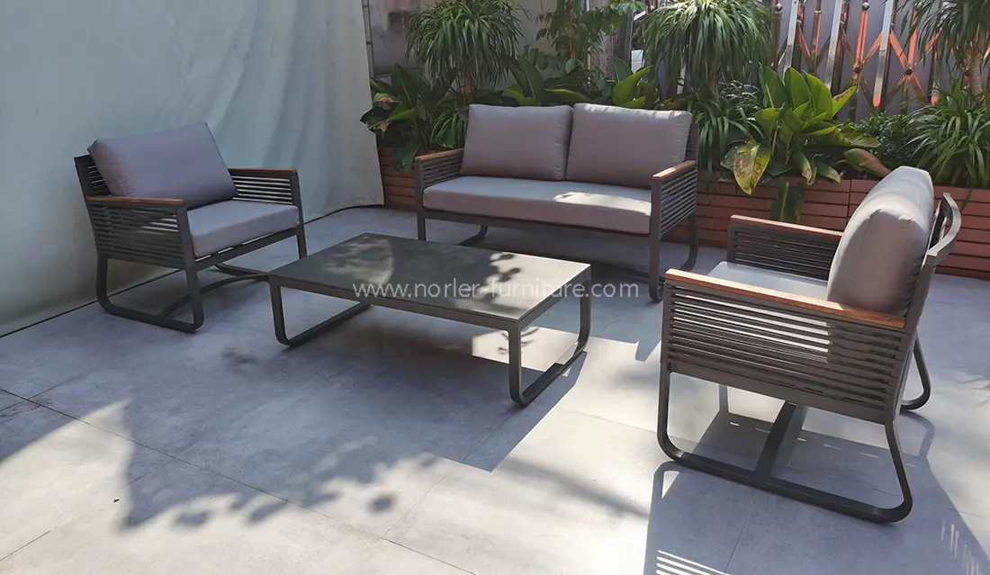 Newest Outdoor Aluminum Frame Teak Wood Armrest Sofa