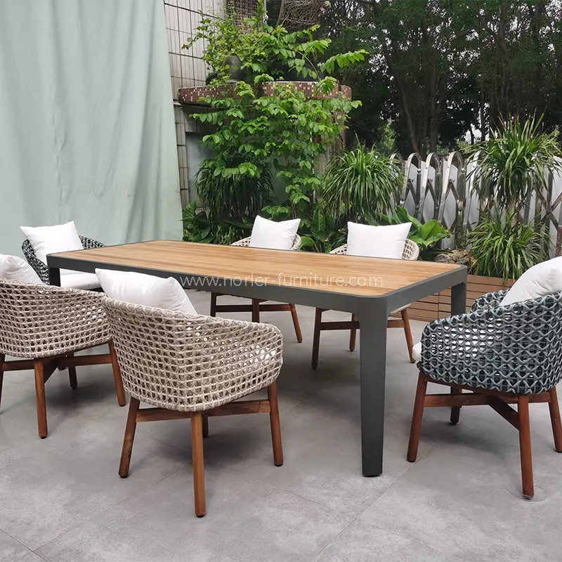 Tok makan aluminium jati outdoor pe rotan makan set
